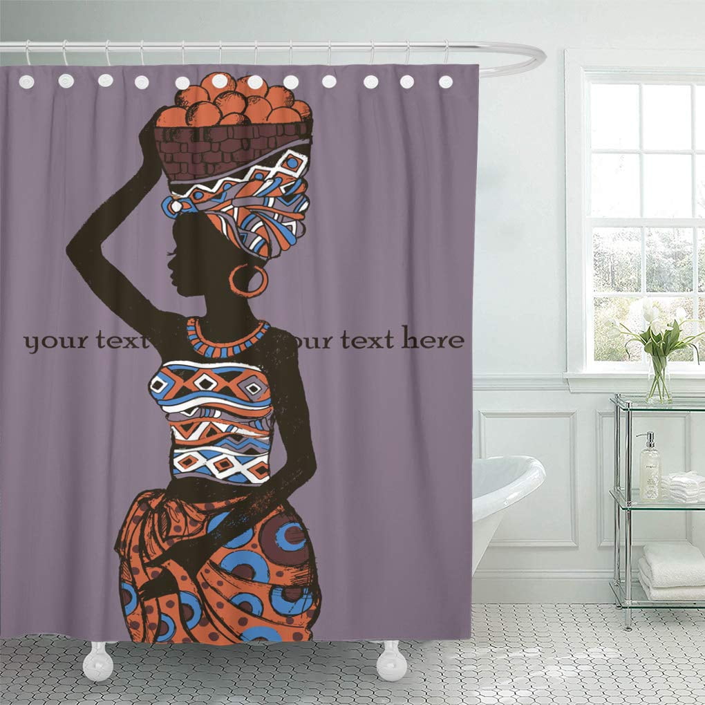 US STOCK Turban African American Black Girl Waterproof Fabric Shower Curtain Set 
