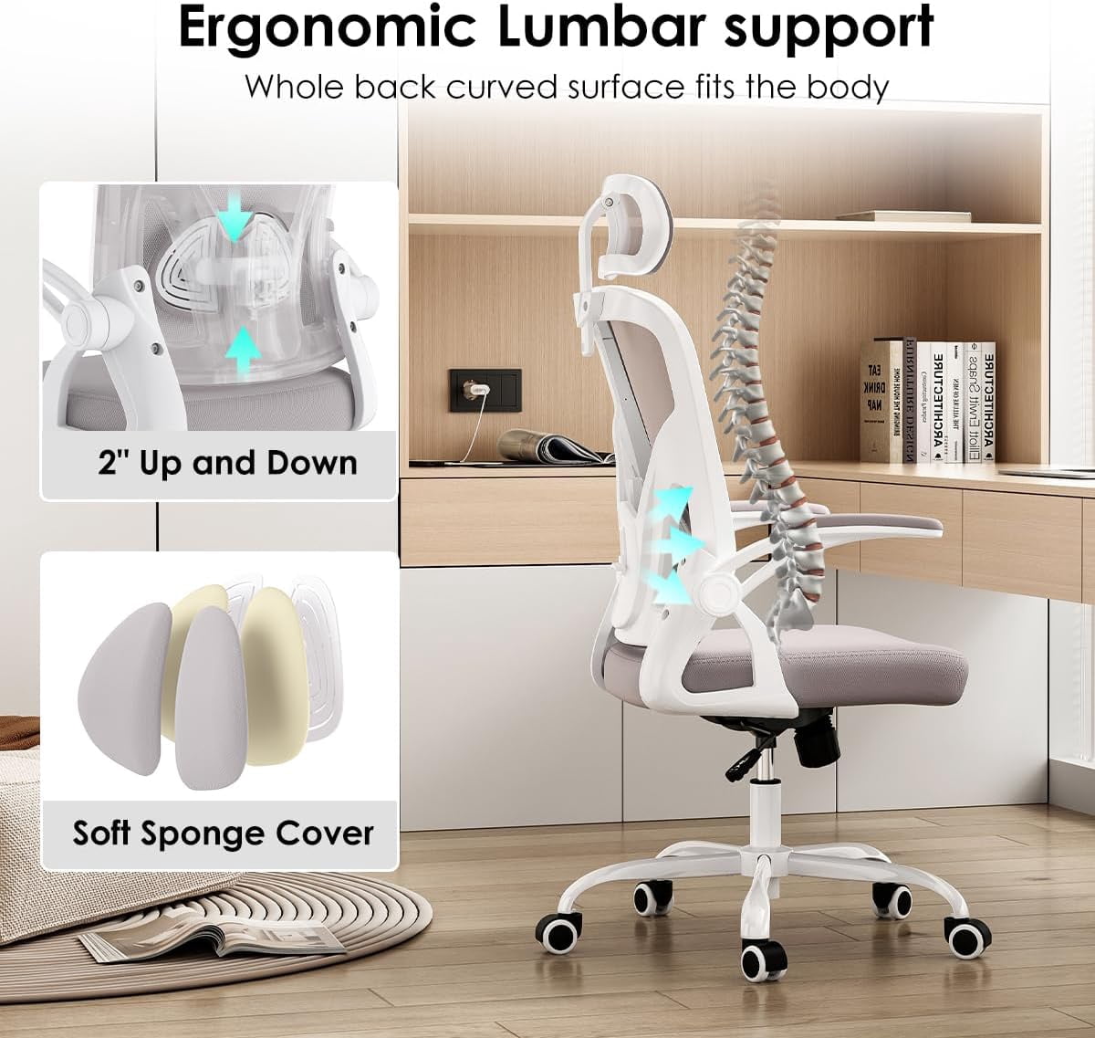 STARY Ergonomic Mesh Office Chair with Headrest, Tall Reclining Computer Chair with Adjustable Lumbar Support and Adjustable Arms for Home Office, White & Gray