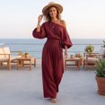 thumbnail image 6 of Szluipve 2 Piece Sets for Women Off‑Shoulder 2 Piece Outfits Puff Long Sleeve Slanted Shoulder Top & High Waist Pleated Wide Leg Pants Casual Vacation Matching Set Wine 2XL, 6 of 9
