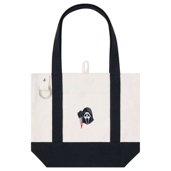 Halloween Ghost Face Canvas Tote Bag, Halloween Mini Tote Purse with Horror Mask Design, Reusable Shoulder Handbag for Party, Shopping, Travel & Daily Use