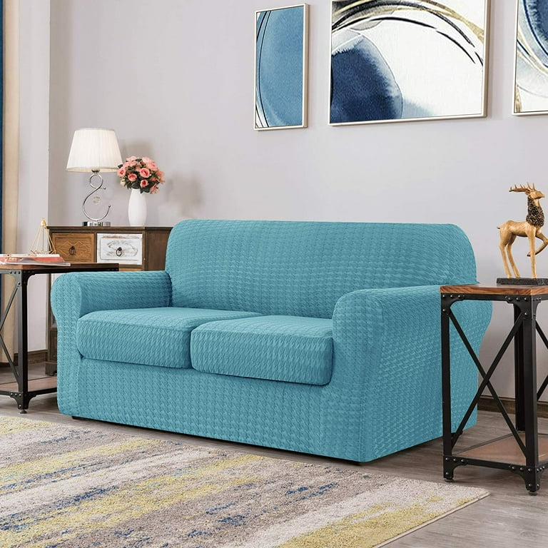 CHUN YI 3 Piece Houndstooth Stretch Sofa Cover Couch Slipcover Separate Cushions Smoky Blue Loveseat