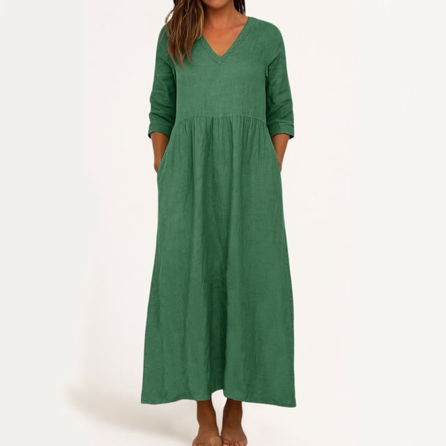 TIMIFIS Robes d'Été pour Femmes Couleur Unie Col en V Manches 3/4 Longue Robe Décontractée Coupe Ample Taille Haute Maxi Fluide avec Poches