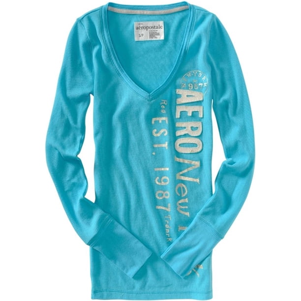 Aeropostale - Suéter de punto térmico con cuello redondo y cuello en V para mujer, azul, extra pequeño