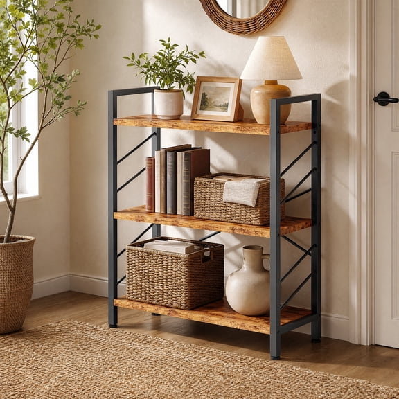 melmine 3 Tier Industrial Bookshelf, Small Rustic Brown Bookcase with Metal Frame, Freestanding Storage Shelf and Display Organizer for Bedroom, Living Room, Home Office, Apartment