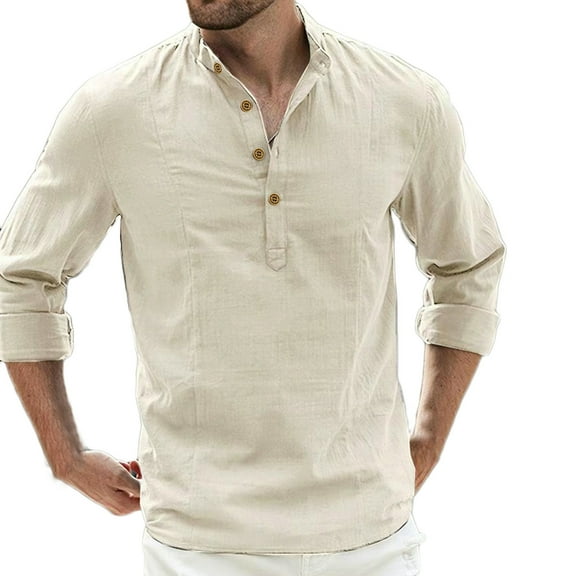 qolati Mens Linen Button Down Shirt Classic Fit Long Sleeve V Neck Beach Tops Lightweight Casual Stylish Henleys Hippies Blouse