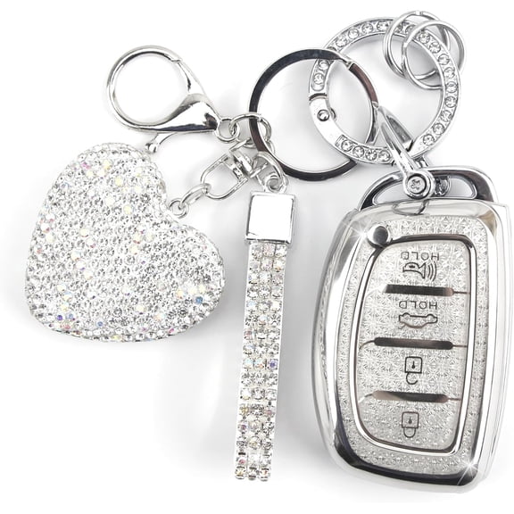 Key Fob Cover with Diamond Keychain Car Key Holder Case Compatible with Smart Remote Key Protector for Women, 4 Buttons (Silver-Heart)