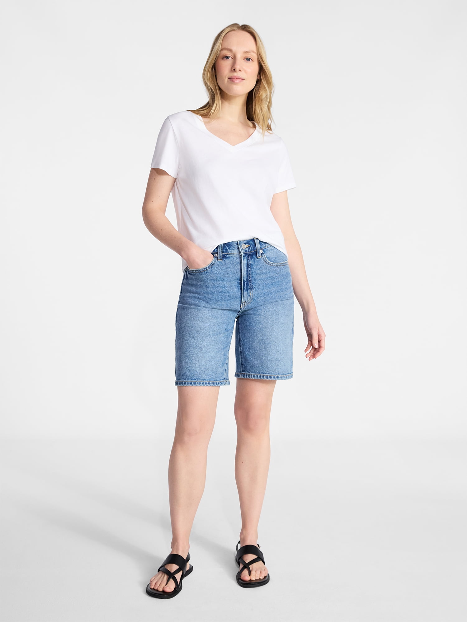 Time and Tru Women's Cotton V-Neck Tee with Short Sleeves, Sizes XS-4X