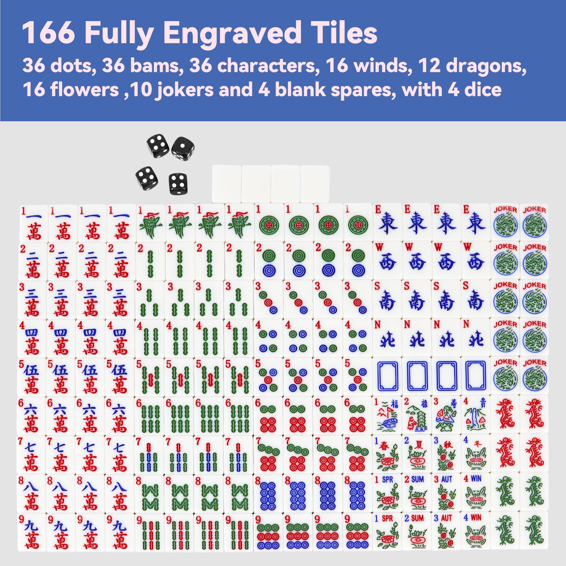 Complete American Mahjong Set with 166 White Tiles (1.2"), 4 Dice, and A Storage Case, Ideal for Game Nights and Gifts