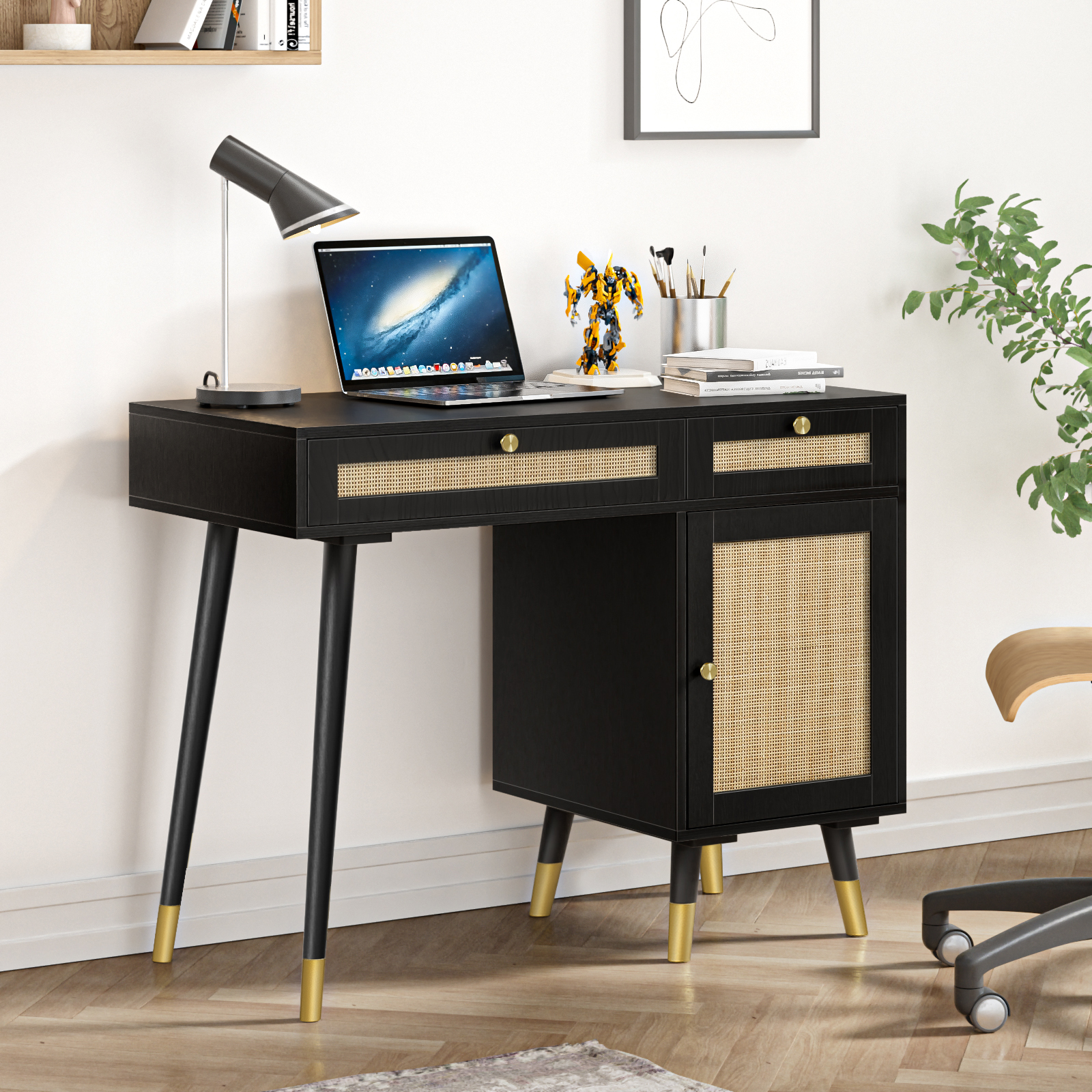 Eumyviv Multipurpose Rattan Furniture, Desktop Computer Desk with Storage, Office Room Desk, Black D0005