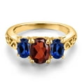 thumbnail image 3 of Gem Stone King 18K Yellow Gold Plated Silver Red Garnet and Blue Created Sapphire Filigree Style 3 Stone Ring for Women (2.70 Cttw, Oval 8X6MM and 6X4MM) (Size 8), 3 of 6