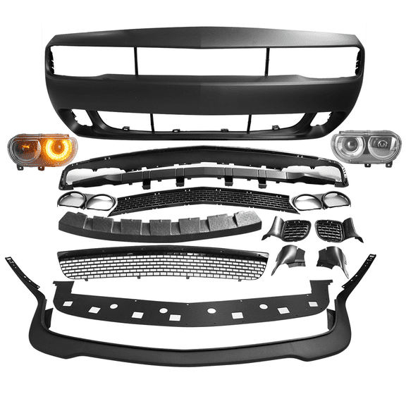 Ikon Motorsports Compatible with 08-14 Dodge Challenger Front Bumper Cover & SRT Front Lip & Headlights