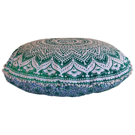 Stylo Culture Indian Indian Floor Cushion Cover Mandala Floor Cushion Meditation Pillow Case Green Large 32x32 Decorative Round Decor Seating Tuffet Seat Pouf Cover Footstool Cotton Ombre 1 Pc