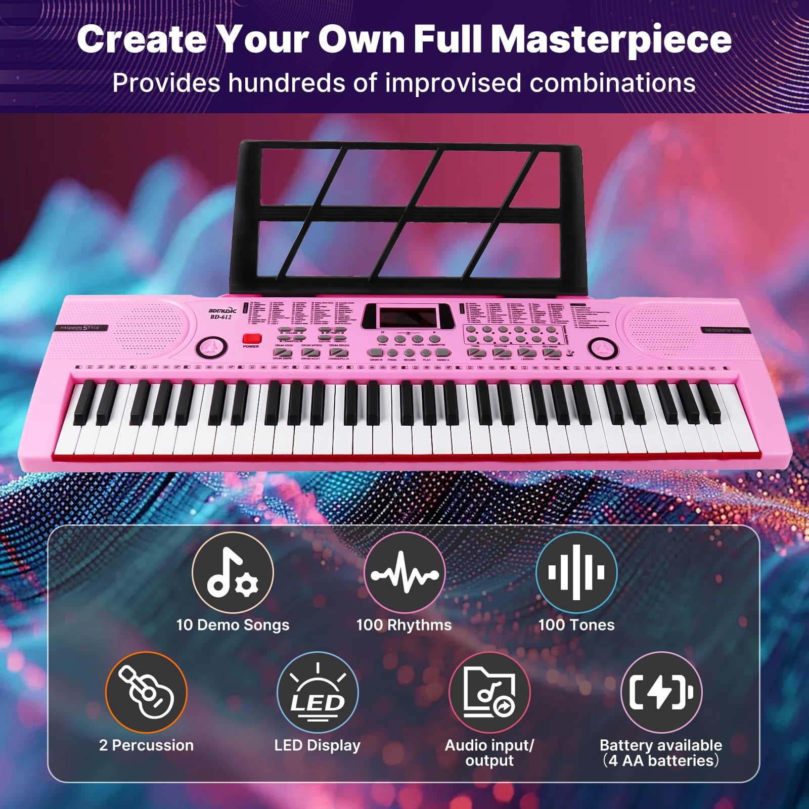 iMeshbean 61 Keys Keyboard Piano Electronic Digital Piano w/Built-In Speaker Microphone（pink）
