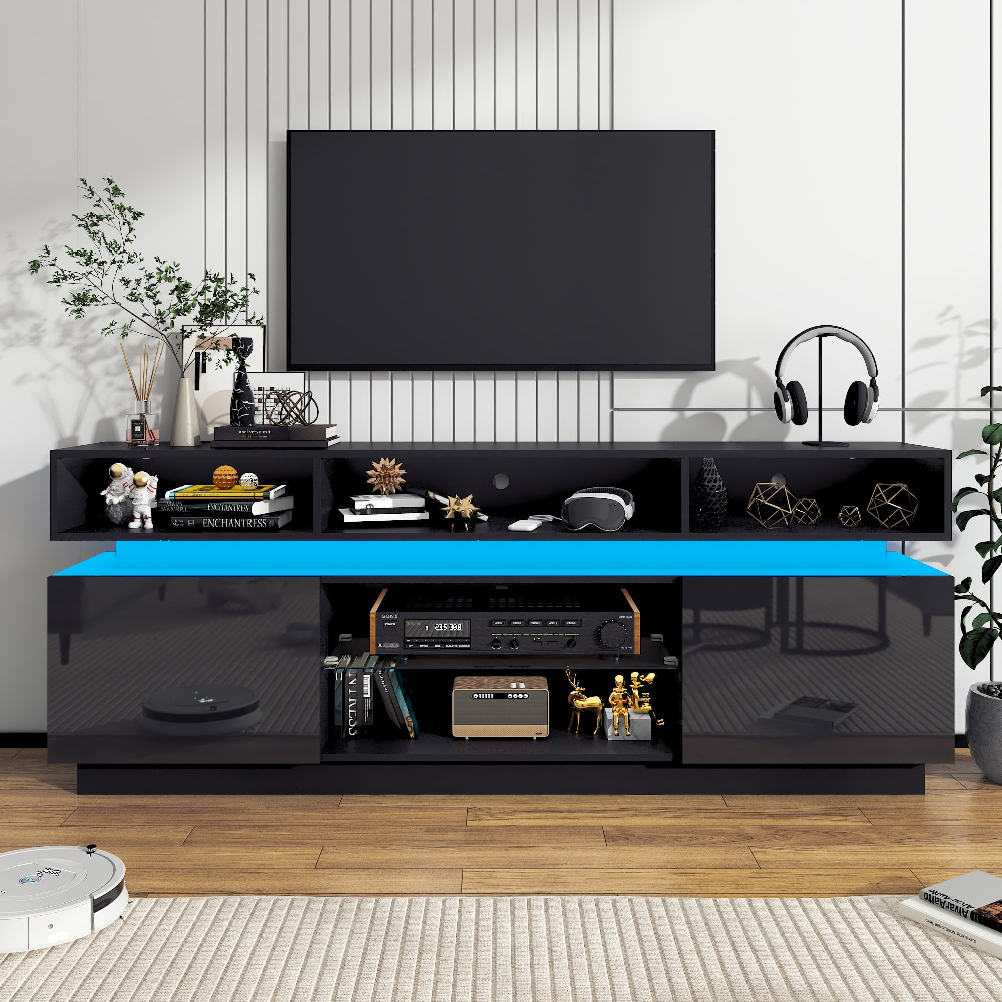 ChVans LED TV Stand for up to 80" TVs with Power Outlet, Modern Tall Entertainment Center with Storage, High Gloss Gaming TV Media Console with 2 Storage Cabinets for Living Room, Bed Room
