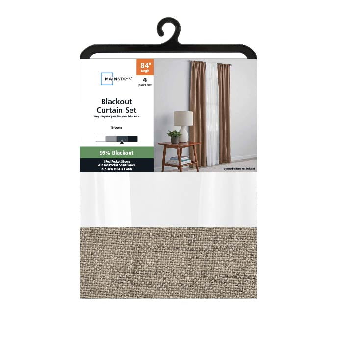 Mainstays Solid Twill Blackout Curtain Panel and Sheers, Set of 4, Brown Bag, 27.5" W x 84" L