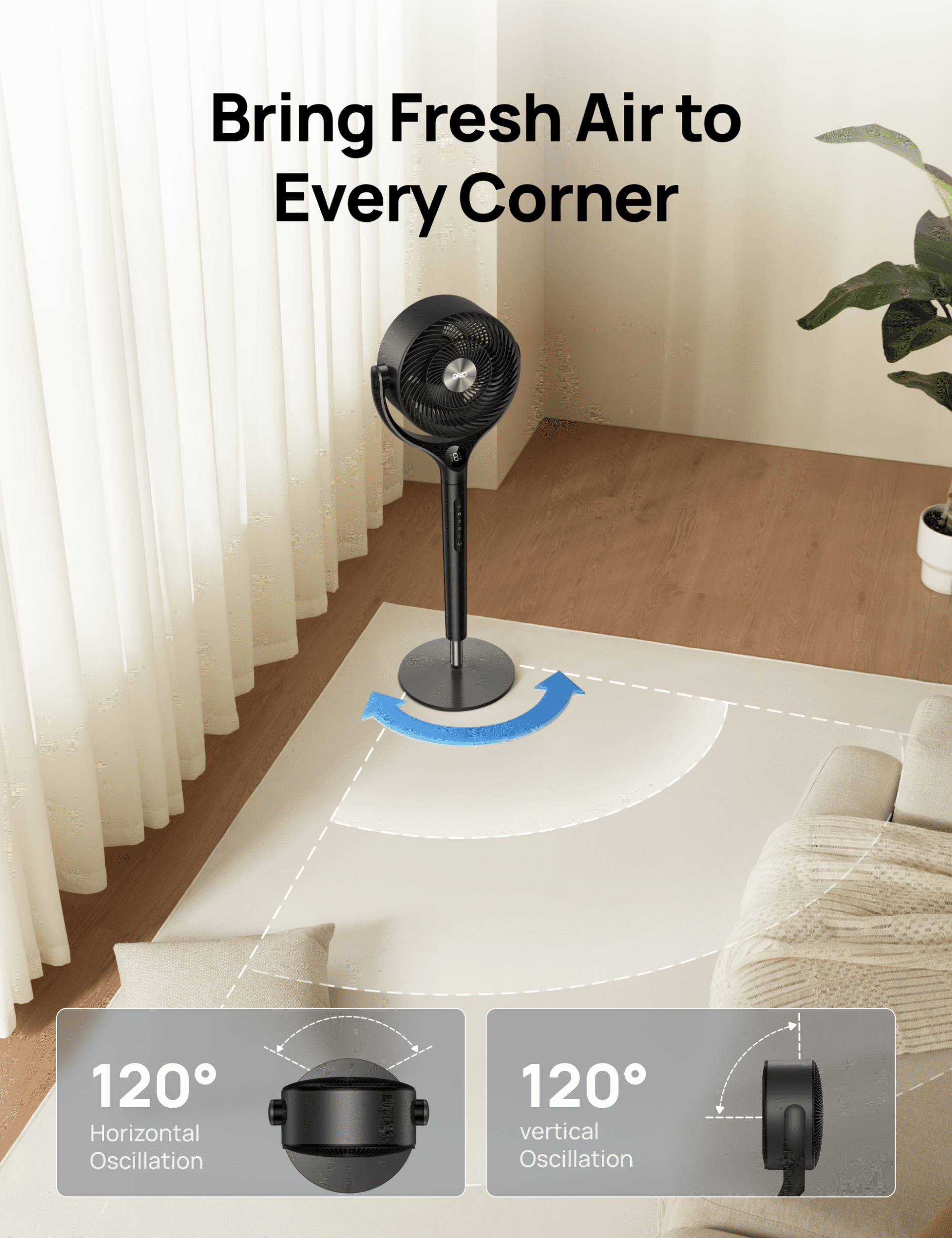 DREO Smart 9-Inch 3D Oscillating Pedestal Fan with Wi-Fi, Alexa/Google Compatible, Adjustable Height, Remote, Grey