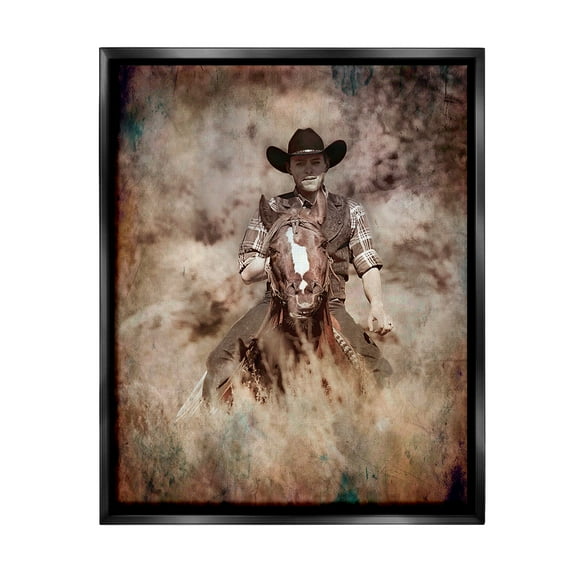 Stupell Industries Galloping Cowboy Portrait Animals & Insects Painting Black Floater Framed Canvas Art Print Wall Art, 17 x 21