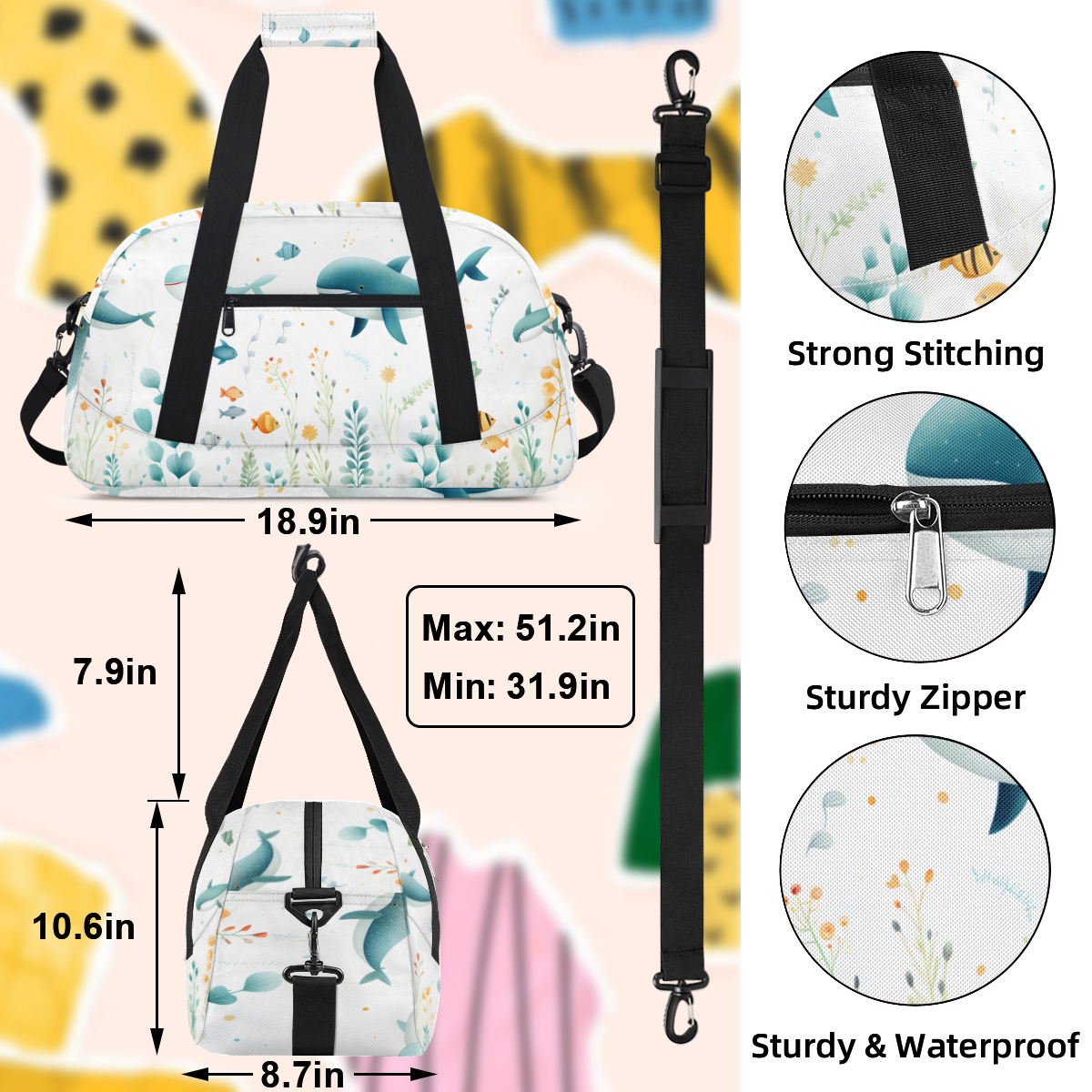 Herdesigns Dolphin Sports Duffle Bag for Women & Men, Ocean Gym Bag Dance Bag Overnight Bag Carry On Weekender Travel Bag