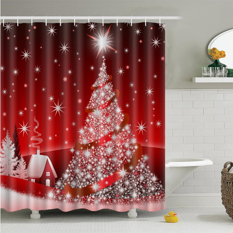 Merry Christmas Home Shower Curtain Waterproof Bathroom Xmas Decor with 12 Hooks 