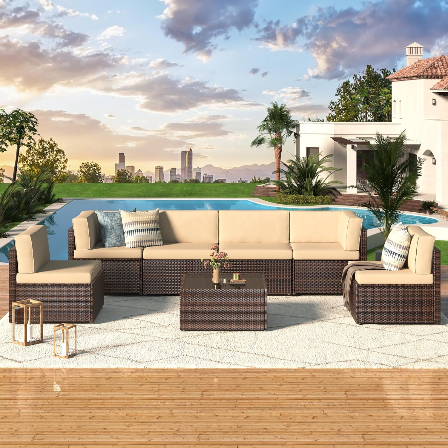 YODOLLA 7-Piece Patio Furniture w/ Protection Cover, Outdoor Sectional Sofa Couch w/ Coffee Table, Patio Conversation Set in Brown Wicker& Beige Cushions