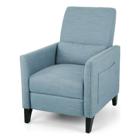 Davy Pushback Recliner Chair, Nailhead Trim, Birch Wood, Blue Fabric
