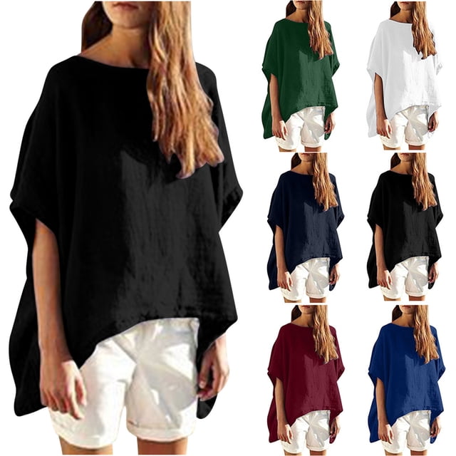 QIPOPIQ Blouse Boxy à Col Rond en Coton et Lin pour Femme, Patchwork, Liquidation