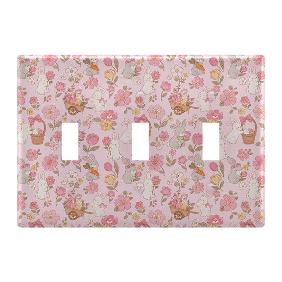 Flower Pattern Egg Bunny Toggle Switch Wall Plate 3-Gang Unbreakable Durable PC Flush Fit Round Edge 4.48x6.37in