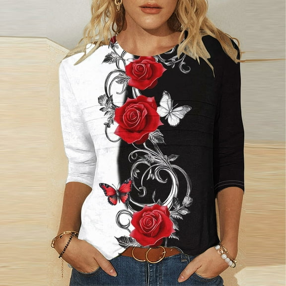 Weiqiqre Lightweight Tops & Blouses 3/4 Sleeve Tops Crewneck Summer Solid Casual Tee Shirts Floral Printed Blouse Loose Dressy Tunic