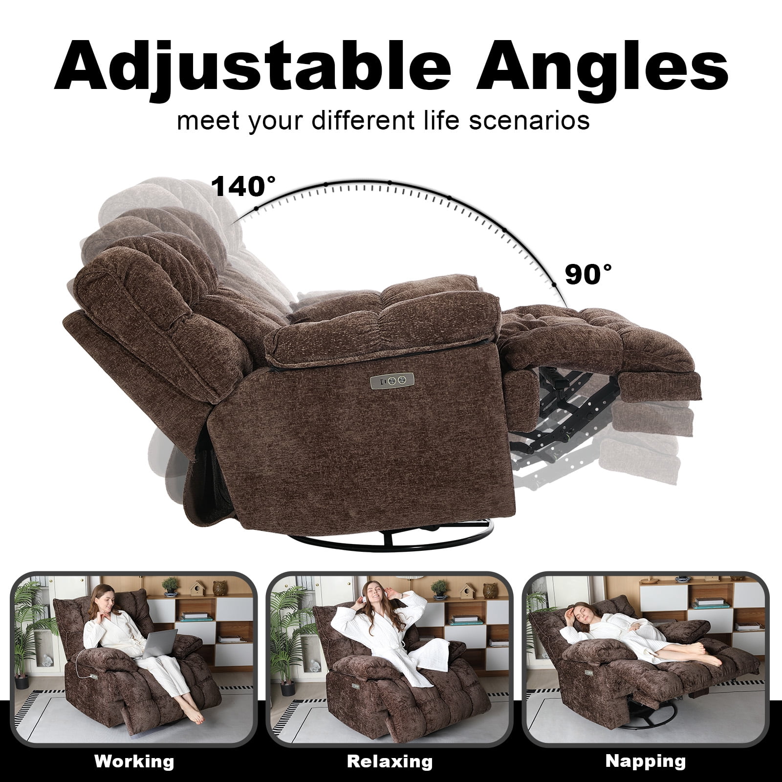 Pmango Power Oversized Recliner Chair, Extra Wide Swivel Rocking Recliner Chair, Breathable Soft Fabric Modern Single Sofa for Living Room, 90°-140° Electric Recline, USB & Type-C Port, Brown