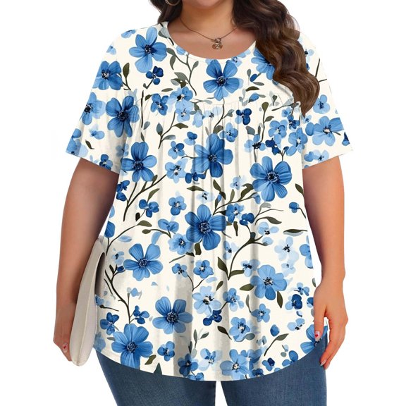 Yotami Crew Neck T-Shirt for Women Plus Size Floral Print Summer Blouse Short Sleeve Pleated Lightweight Clothes for Everyday Wear, Multicolor