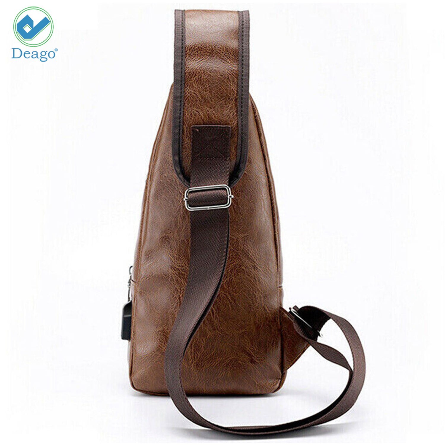 Brown Sling Bag Men PU Leather Unbalance chest Shoulder Crossbody Bag With USB Charging Port for Travel Hiking Cycling 