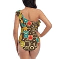 thumbnail image 5 of Salouo Robot and Monsters Pattern One Shoulder Ruffled One Piece Swimsuit for Women V Neck Swimwear Tummy Control Bathing Suit-Small, 5 of 6