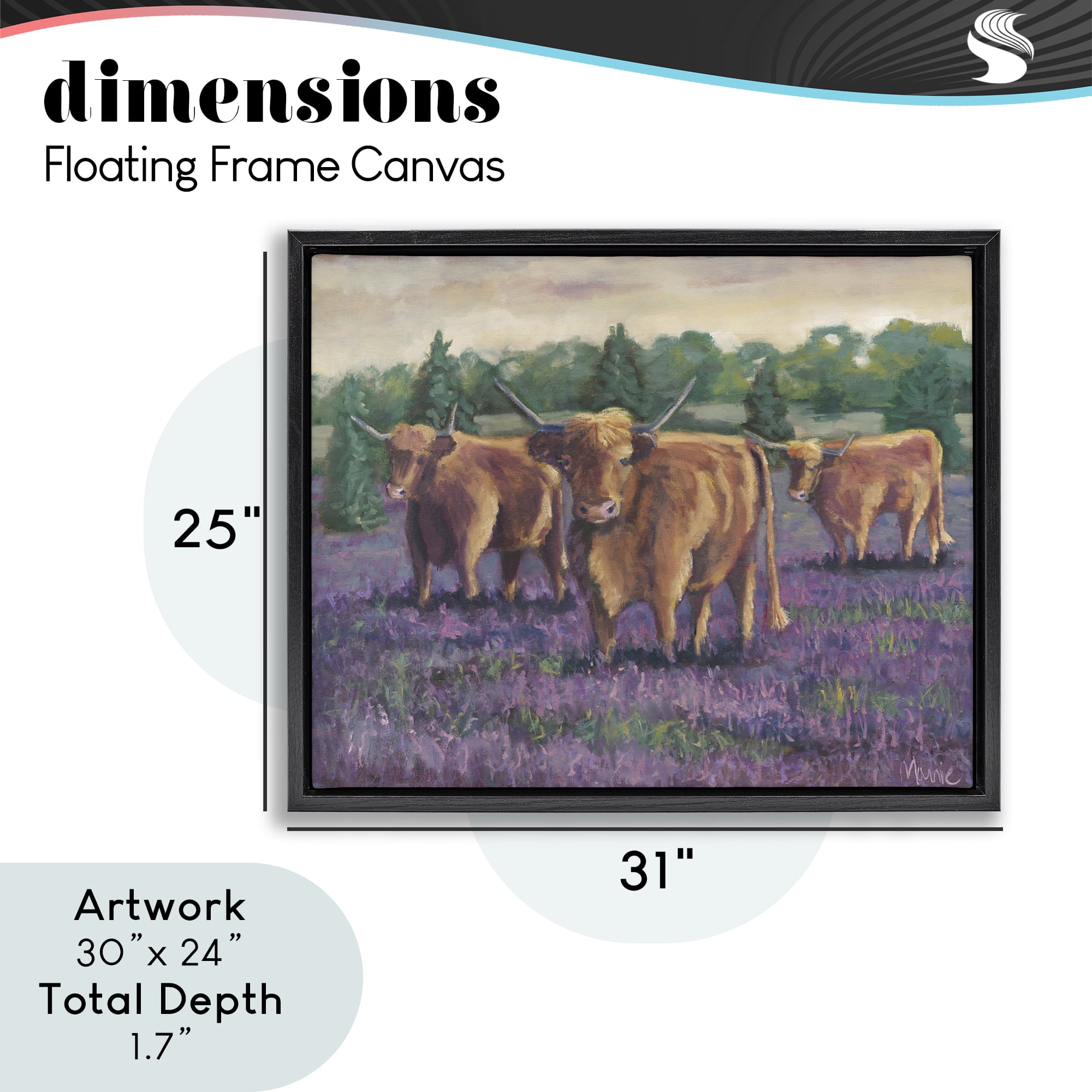 Purple Fields & Cows Black Framed Floater Canvas Wall Art, design by Marnie Bourque