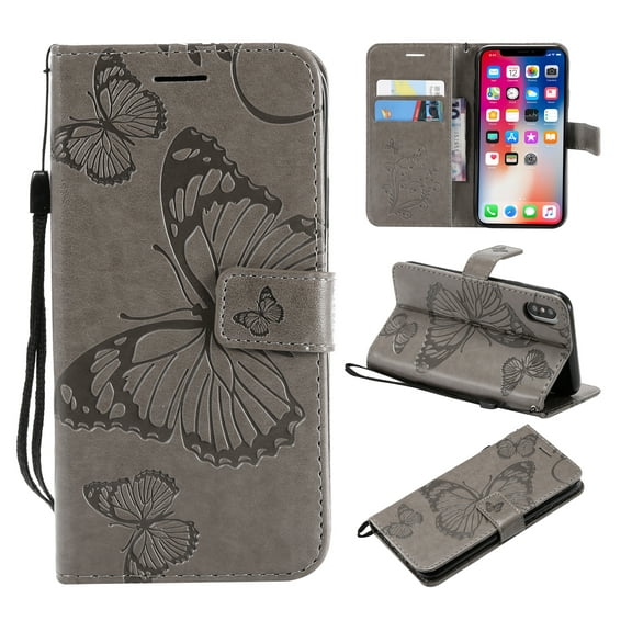 iPhone XS Max Wallet case, Allytech Pretty Retro Embossed Butterfly Flower Design PU Leather Book Style Wallet Flip Case Cover for Apple iPhone XS Max 6.5", Gray