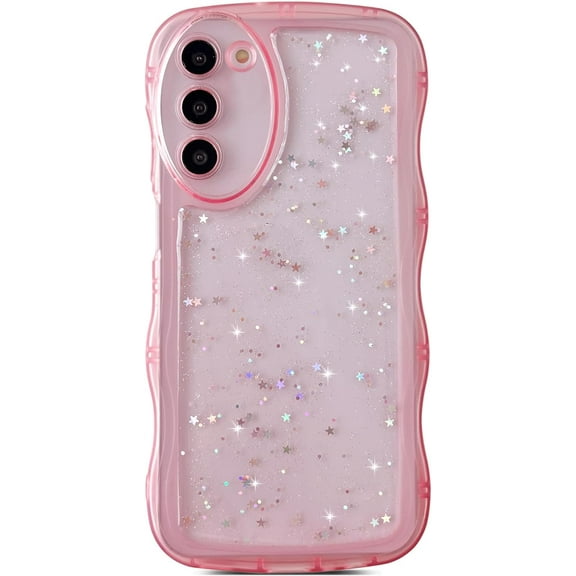 for Galaxy S23 Case 6.1",Curly Wavy Anti-Slip Grip Design Bling Cute Transparent Glitter Star Shiny Case Clear Sparkly Bumper Protection Soft Phone Cover Case for Women Girls,Pink