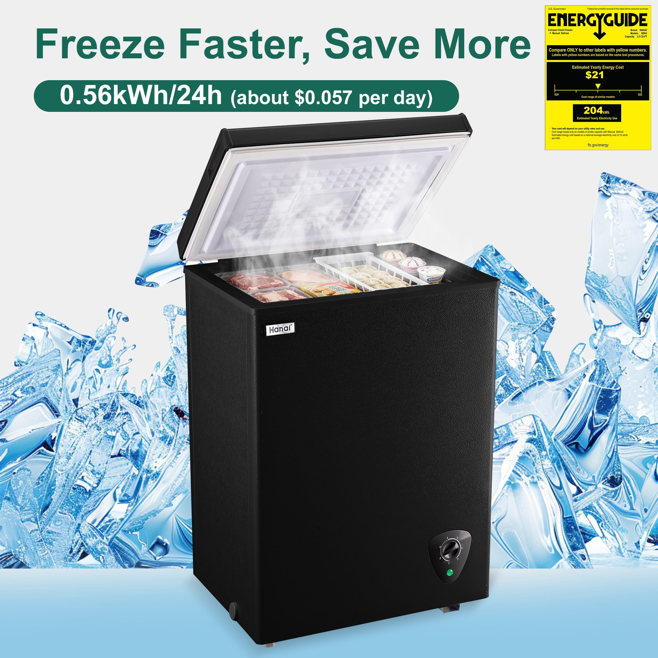 WANAI 3.5 Cu.Ft Chest Freezer,Energy-Saving Small Deep Freezer for Small Spaces,Black