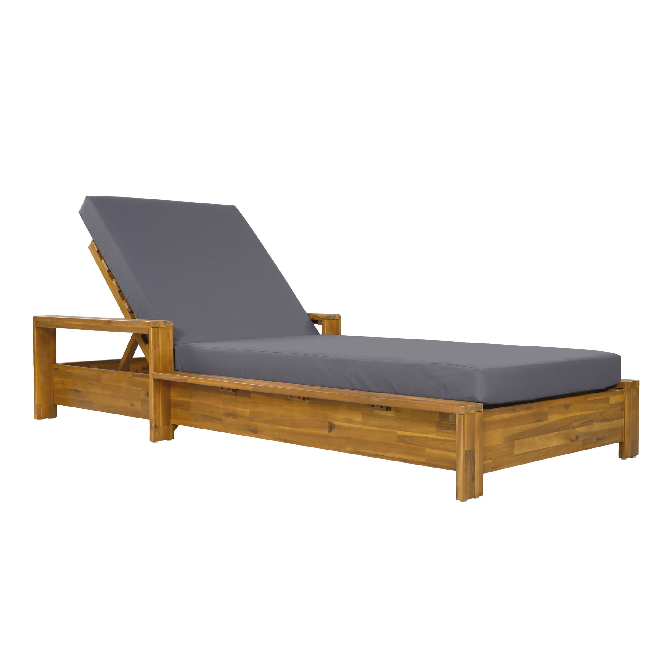 Christopher Knight Home Acacia Wood Outdoor Chaise Lounge Set with Armrests, 2-Fold Cushion, Teak + Dark Gray