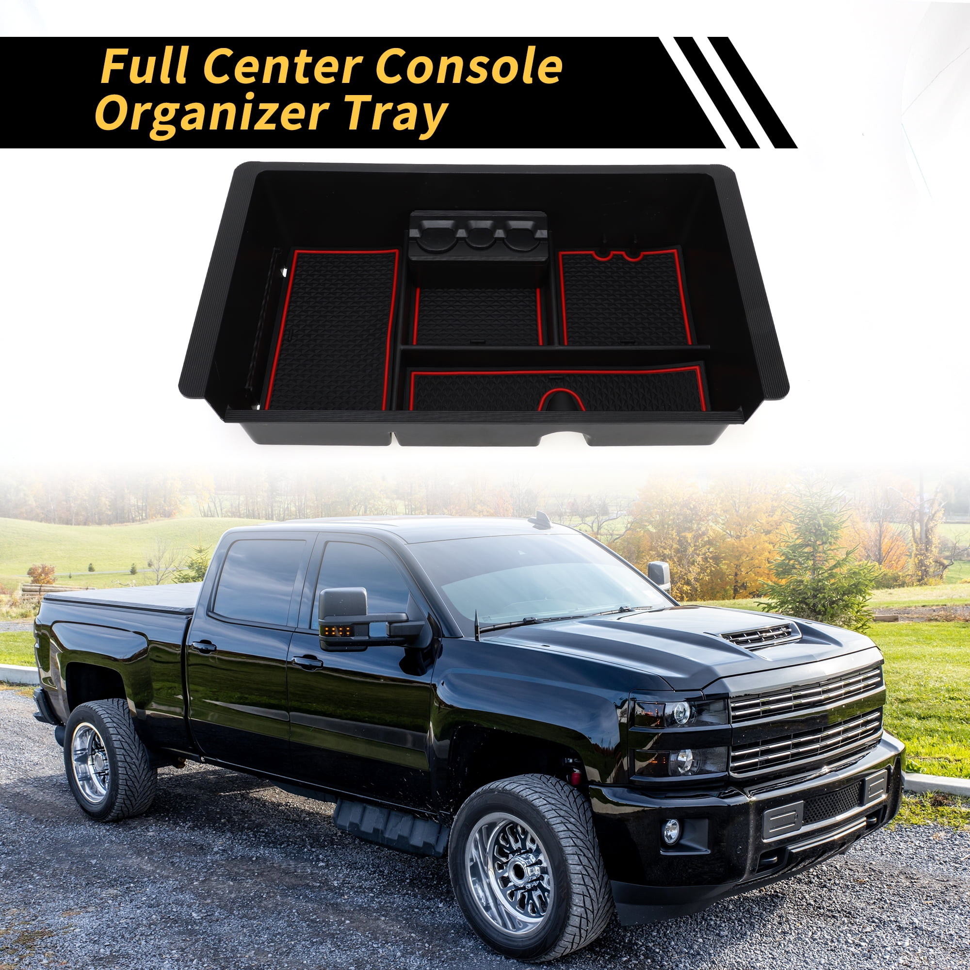 Unique Bargains Full Center Console Organizer Tray for Chevy Silverado 1500 for GMC Sierra 1500 2014-2018 Armrest Storage Box Insert Tray Full Console w/Bucket Seats ONLY Plastic Black Red