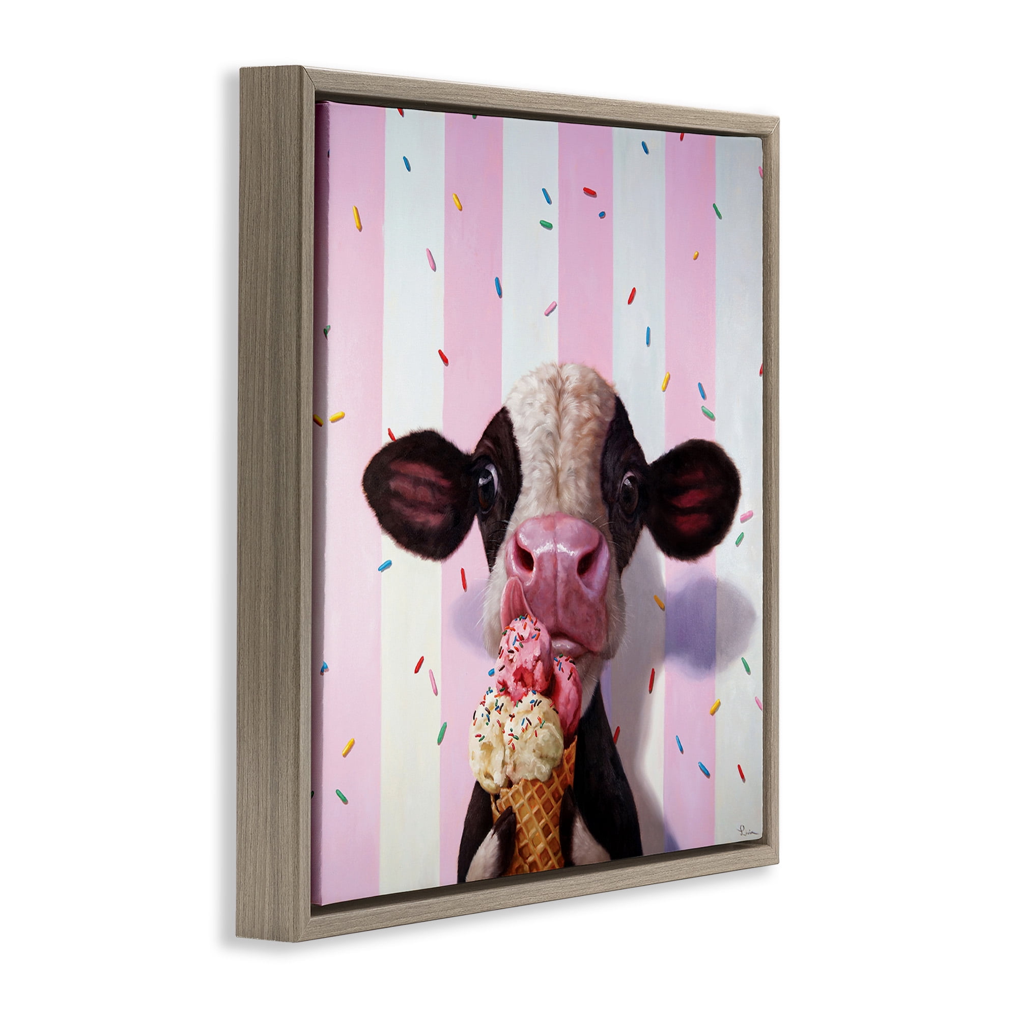 Stupell Industries Cow with Ice Cream Cone Animals & Insects Painting Brown Floater Framed Canvas Art Print Wall Art, 25 x 25