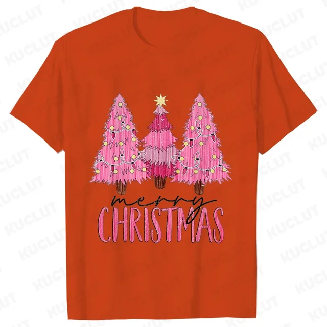 Camiseta rosa de árbol de Navidad para mujer, traje de fiesta de Navidad con gráfico divertido, ropa informal Harajuku para mujer, camisetas de manga corta con cuello redondo