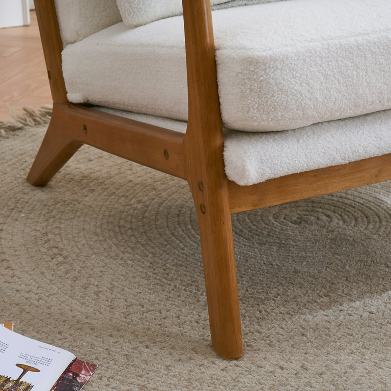 Accent Chair Mid Century Teddy Fabric Upholstered Leisure Armchair with Lumbar Pillow and Solid Wood Legs Comfy Single Sofa Chair Reading Chair for Living Room Bedroom Office White Walmart