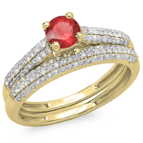 Dazzlingrock Collection 14K Round Ruby & White Diamond Ladies Bridal Engagement Ring Set, Yellow Gold, Size 9