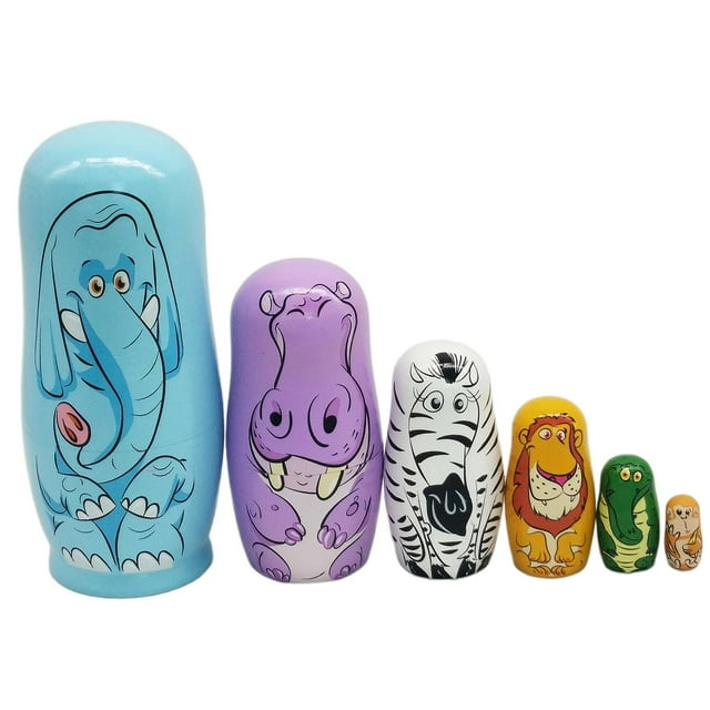 Milaget 6Pcs Cartoon Animal Nesting Doll Hand Painted Figurine Wooden Stacking Doll Gift