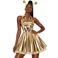 thumbnail image 6 of iiniim Women Alien Cosplay Lapel V Neck Sleeveless A-line Hem Tulle Layers Metallic Dress with Hair Hoop for Role-playing Theme Party Stage Dance Gold 3XL, 6 of 7