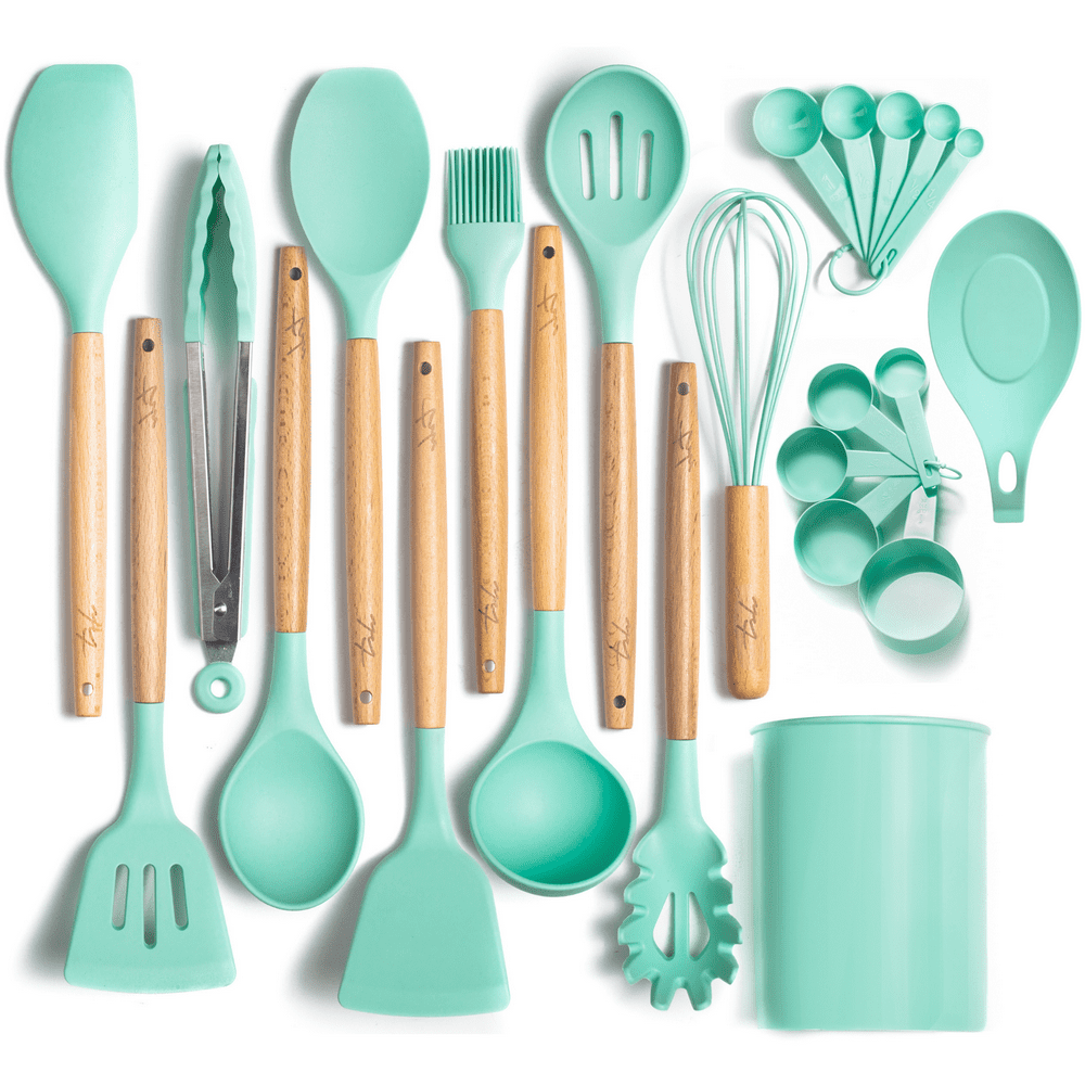 Three-Sixty Home ODORLESS 13 Pc Silicone Cooking Utensils Set with Holder (Mint/Turquoise/Blue