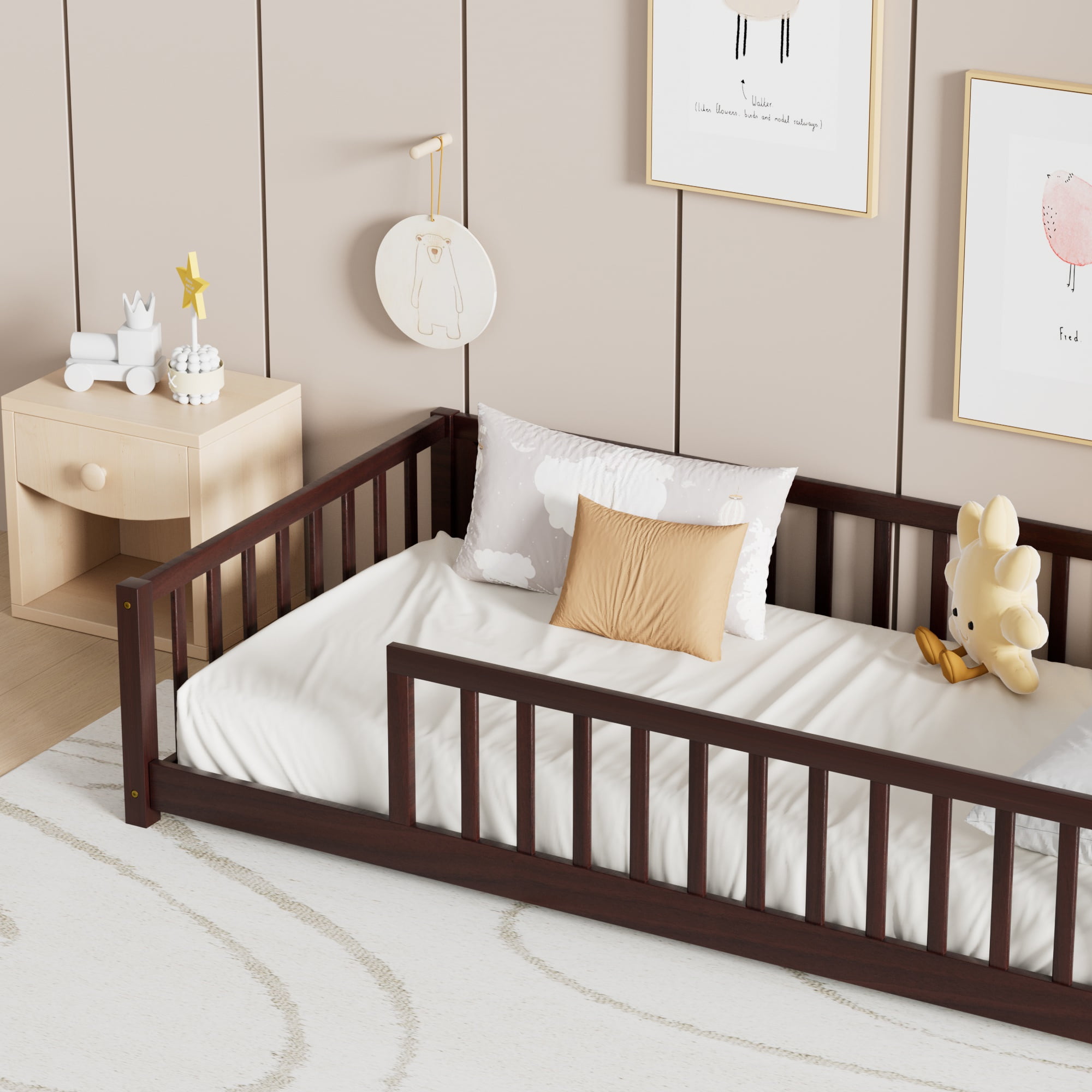 Twin Floor Bed, Wooden Montessori Bed Frame with Fence, Floor Platform Bed with Slats Support, Montessori Floor Bed for Toddlers Boy Girls, Espresso