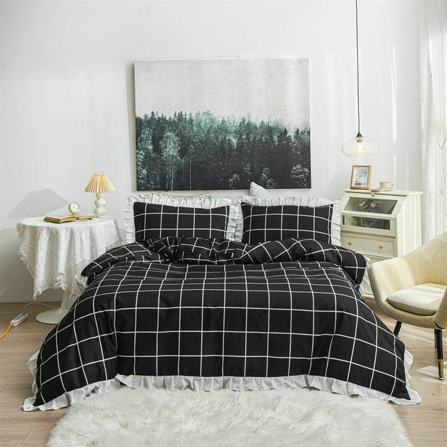 Move Over Black Plaid Bedding Sets Twin White Black Ruffle Duvet Cover