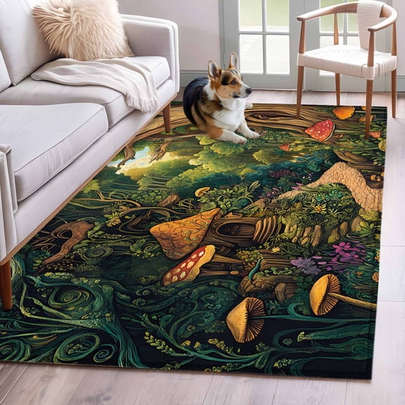 Area Rug for Living Room, Forest Non-Slip Indoor Large Carpet for Bedroom/Dining Room, Vintage Cottage Mushroom Tree Floral Green Washable Low-Profile Rectangle Floor Mat Runner Rugs - 2.7 x 5 Ft