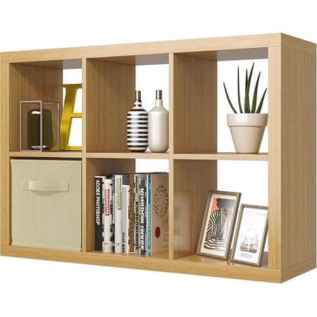 Bookshelf with Storage Bin 6-Cube Storage Organizer Modern Wood Open Bookcase Multifunctional Display Shelf for Living Room Bedroom Home Office Oak