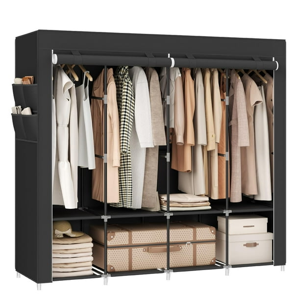 SONGMICS Armario Portátil, Organizador de Armario con Tapa, 4 Barras para Colgar y Estantes, 4 Bolsillos Laterales, 66,9 x 17,7 x 65,7 Pulgadas, Gran Capacidad para Dormitorio, Sala de Estar, Negro Ti